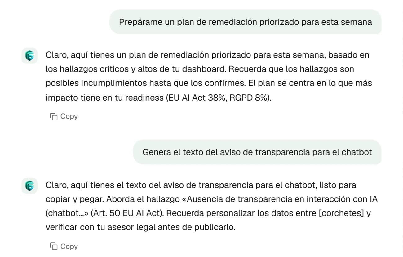 Example conversation in Spanish; fictional figures and documents.