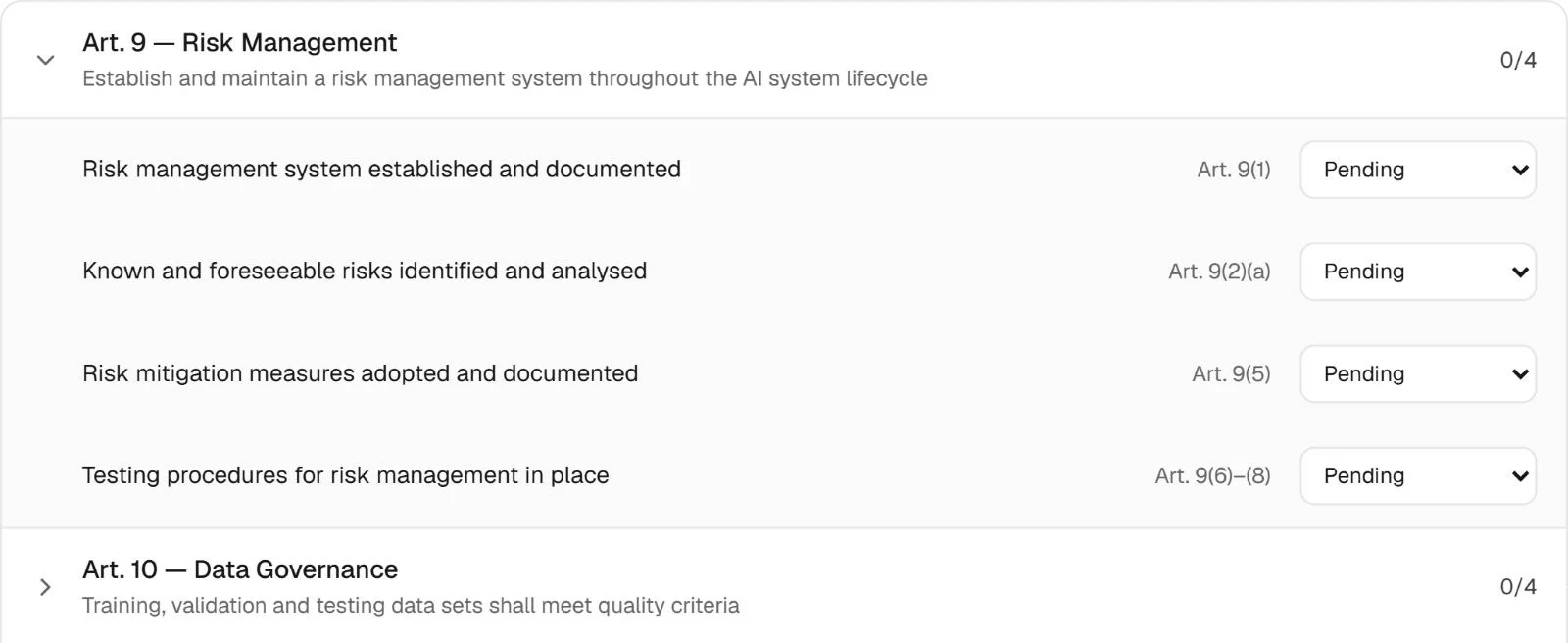 EU AI Act task checklist in Fencia: Article 9 risk management with four tasks — system established and documented, risks identified, mitigation adopted, testing in place — each with its paragraph and a status.