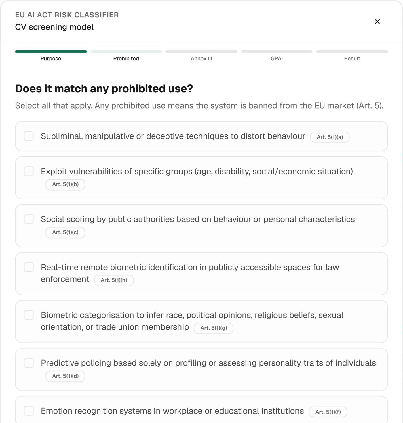 Step two of the EU AI Act risk classifier: the prohibited practices of Article 5, from manipulative techniques and social scoring to emotion recognition at work and untargeted facial scraping, each with its paragraph.
