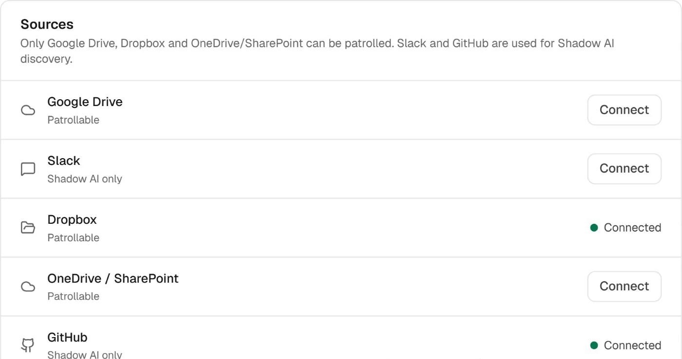 Patrol sources in Fencia: Google Drive, Dropbox and OneDrive/SharePoint can be patrolled; Slack and GitHub are used only for Shadow AI discovery.