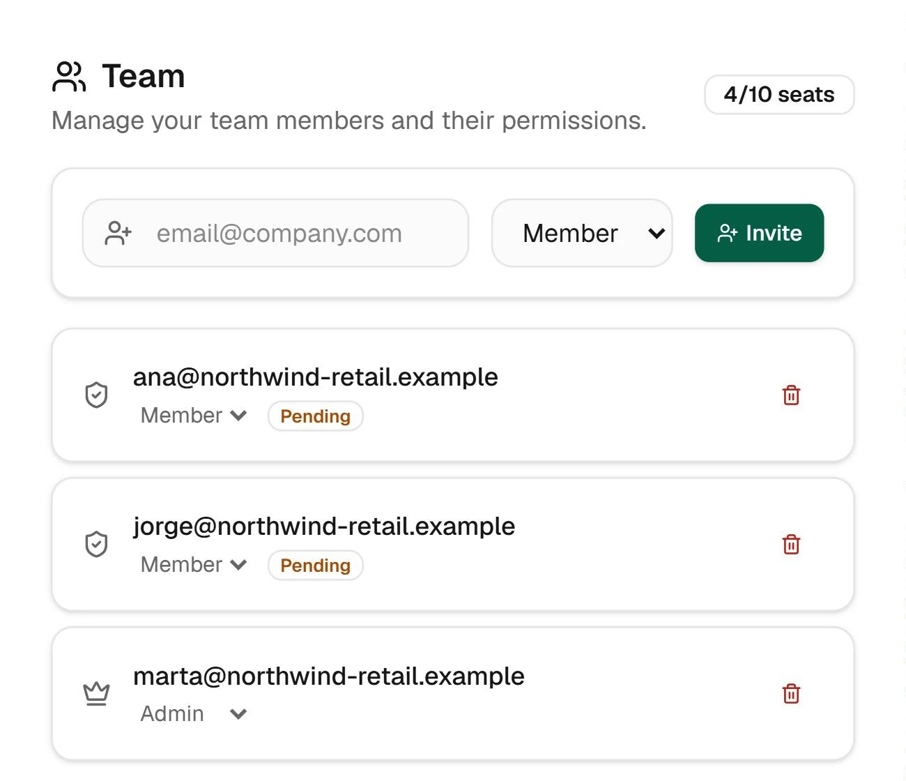 Team settings in Fencia: 4 of 10 seats used, an invitation by email with a role, and three members as Admin or Member, two of them with the invitation pending.