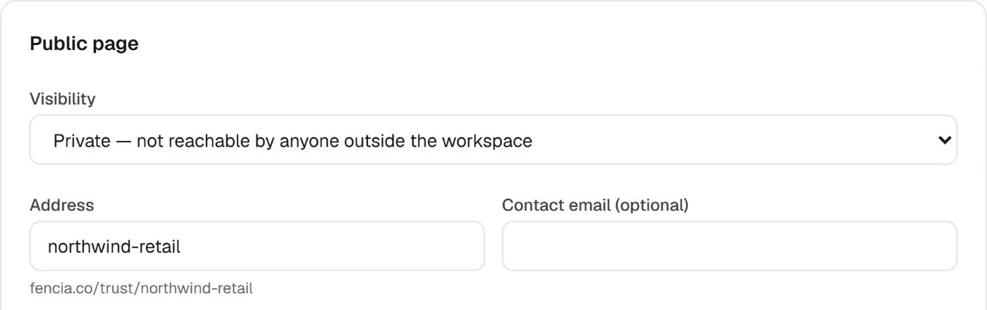 Trust Center public page settings: visibility Private, Public or Request access, and the address of the page.