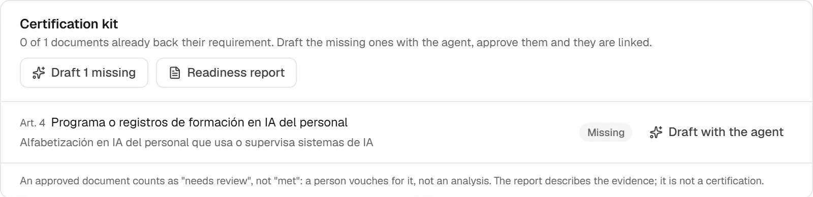 Certification kit for the EU AI Act: documents that back their requirement, a missing Article 4 AI literacy programme with Draft with the agent, and the Readiness report button.