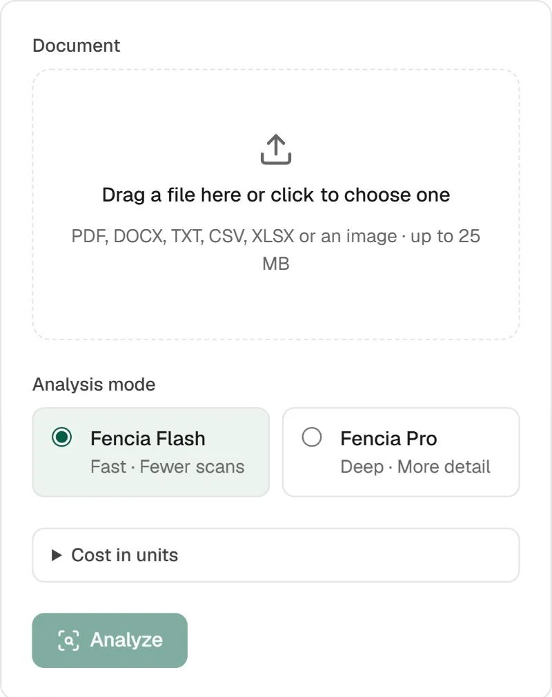 Document analysis in Fencia: drag a file or choose one (PDF, DOCX, TXT, CSV, XLSX or an image, up to 25 MB) and pick Fencia Flash, fast, or Fencia Pro, deep.