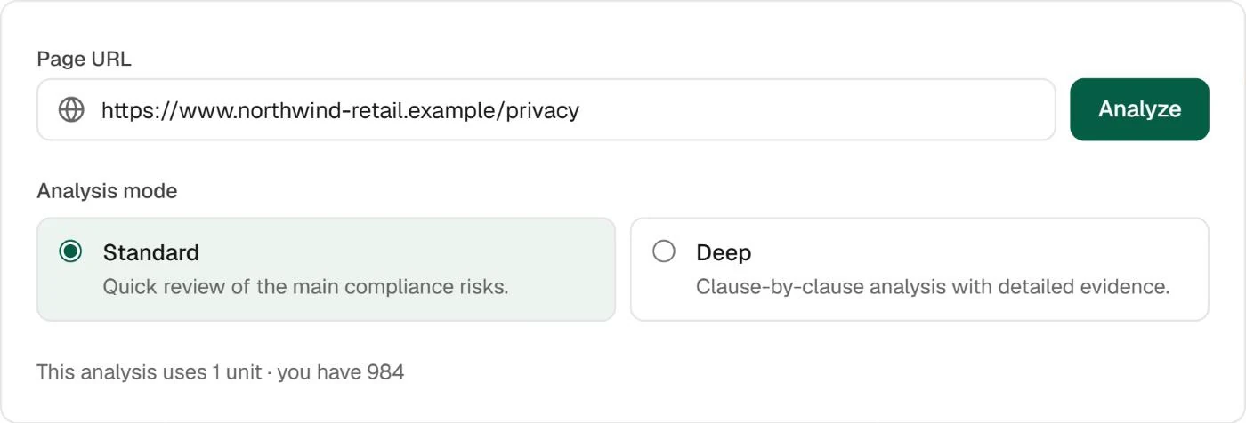 URL analysis in Fencia: the address of a public privacy policy, Standard or Deep mode, and the units the analysis will use.
